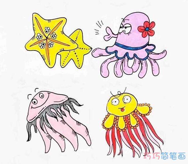 简单各种章鱼的画法带颜色_海洋生物简笔画图片