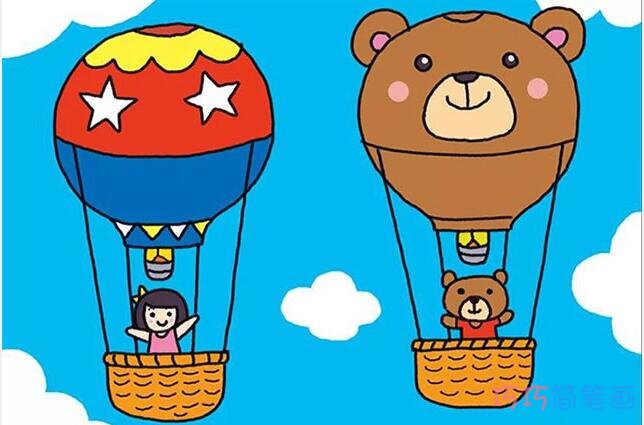小白兔和小 猴子坐在热气球里面,气球上升了,四个小动物一起在天空中