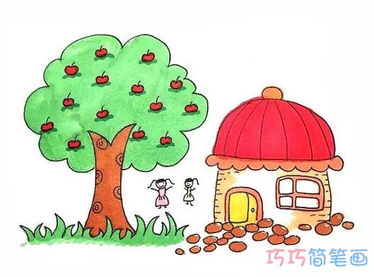 本期小编和大家分享如何画可爱的 苹果树下房屋哈.