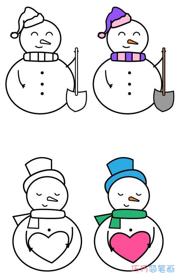 帽子,围的围巾,身上穿的衣服都是彩色的呀,所以我们就把彩色雪人画