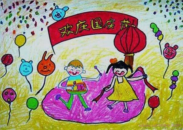 小学生庆祝国庆儿童蜡笔画作品