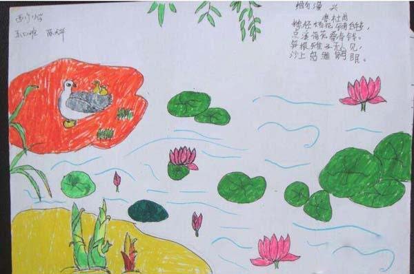 小学三年级夏天荷花景色儿童画作品-www.qqscb.com