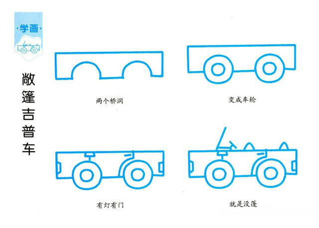 卡通吉普车的画法步骤 敞篷吉普车简笔画图片教程彩铅画-www.qqscb.com