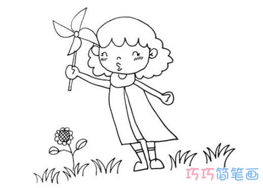 素描小女孩玩风车怎么画简洁_小女孩简笔画图片