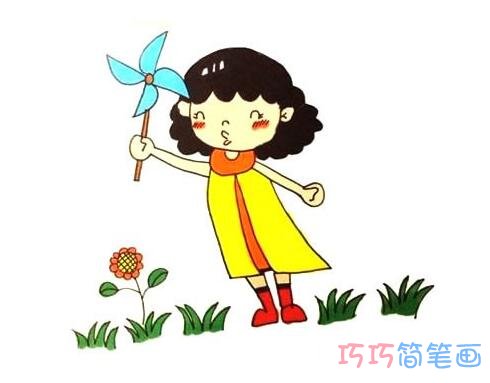 小女孩玩风车怎么画简洁_小女孩简笔画图片