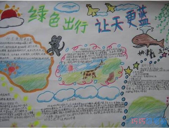 小学生关于绿色出行让天更蓝保护环境的手抄报怎么画简单又好看